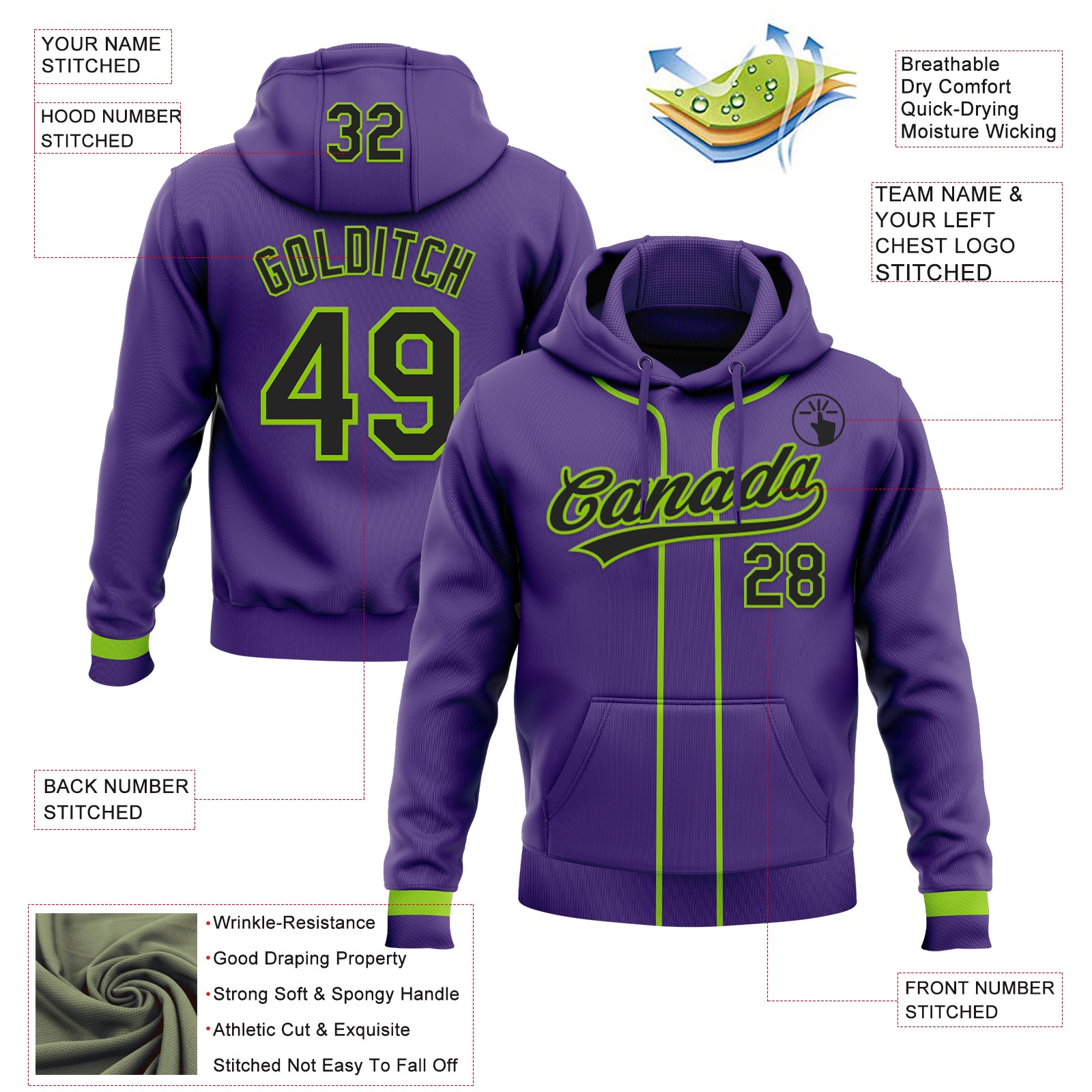 Custom Stitched Purple Black-Neon Green Baseball Pullover Sweatshirt Hoodie