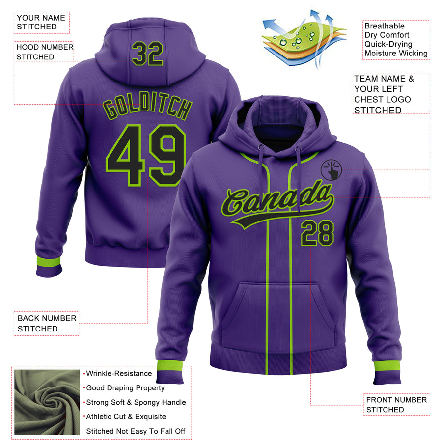 Custom Stitched Purple Black-Neon Green Baseball Pullover Sweatshirt Hoodie