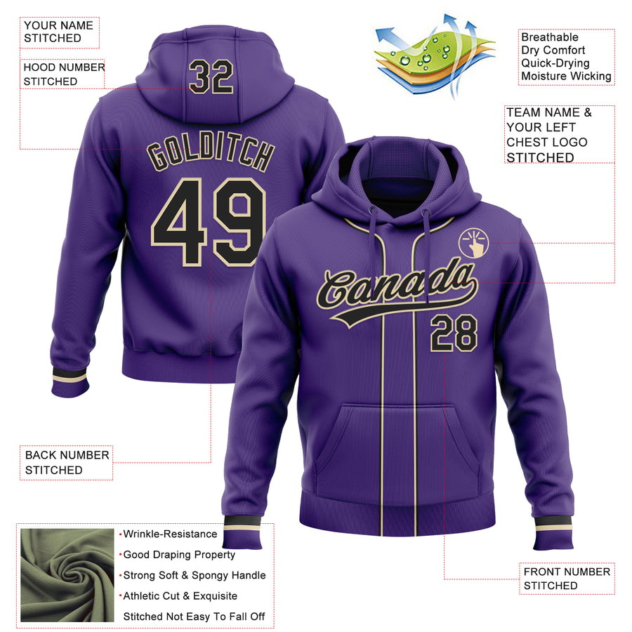 Custom Stitched Purple Black-Cream Baseball Pullover Sweatshirt Hoodie