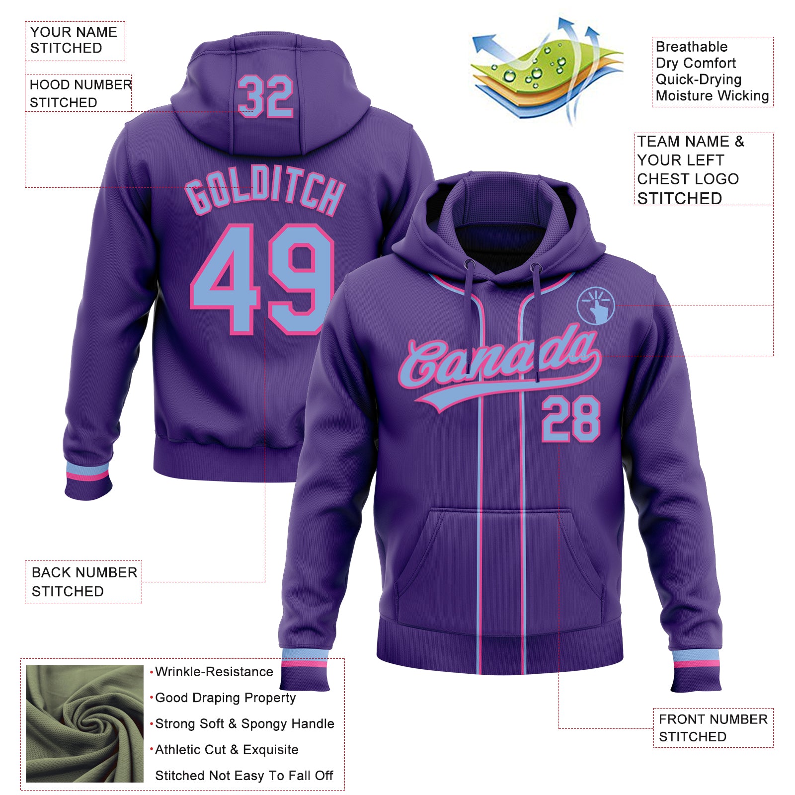 Custom Stitched Purple Light Blue-Pink Baseball Pullover Sweatshirt Hoodie