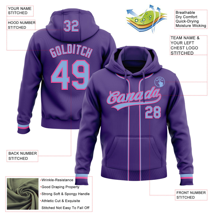 Custom Stitched Purple Light Blue-Pink Baseball Pullover Sweatshirt Hoodie