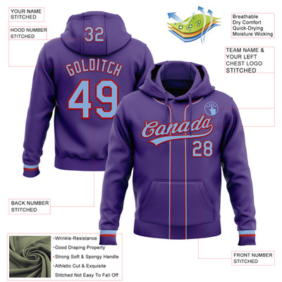 Custom Stitched Purple Light Blue-Red Baseball Pullover Sweatshirt Hoodie