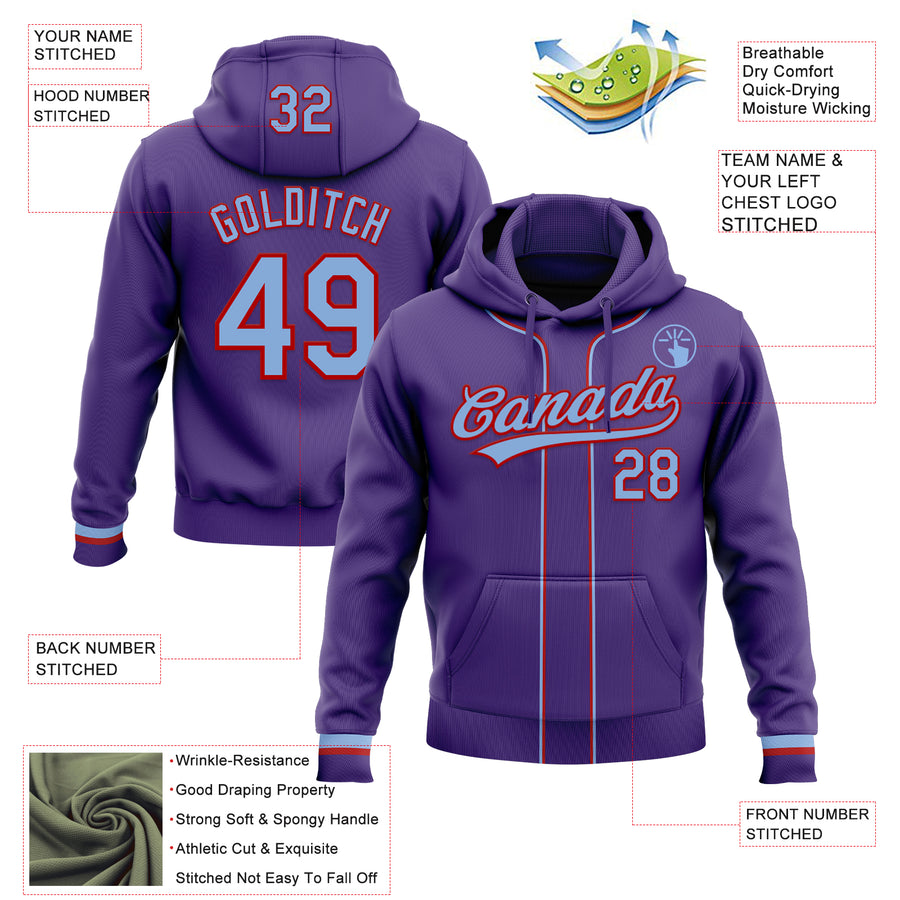 Custom Stitched Purple Light Blue-Red Baseball Pullover Sweatshirt Hoodie
