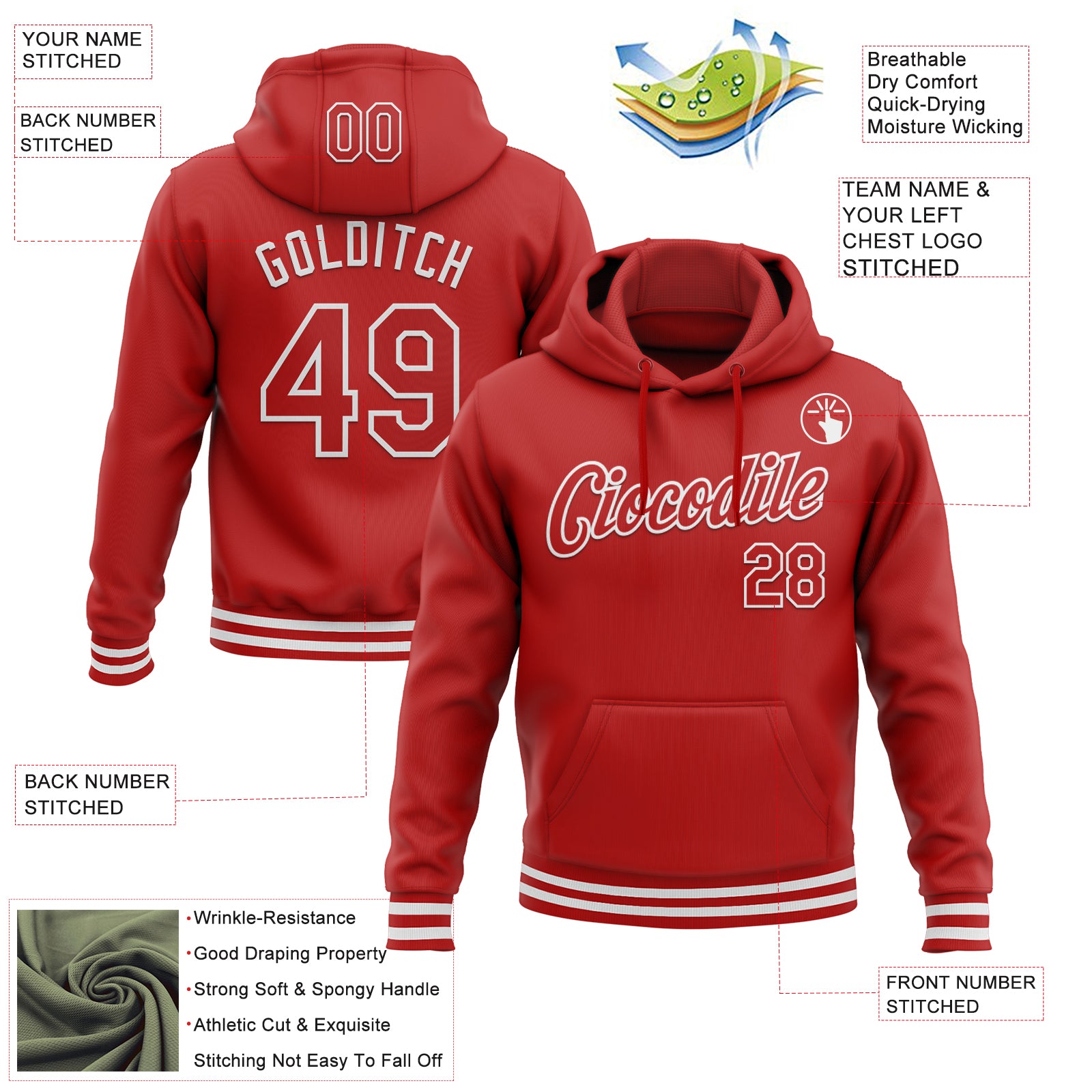 Custom Stitched Red White Sports Pullover Sweatshirt Hoodie