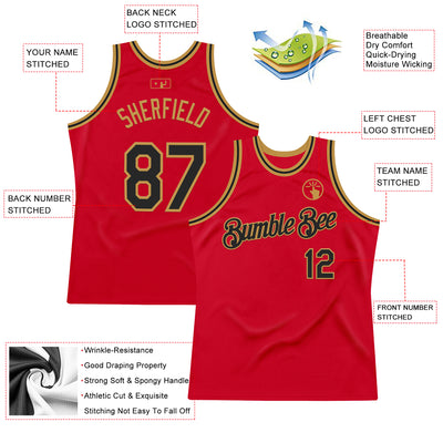 Custom Red Black-Old Gold Authentic Throwback Basketball Jersey