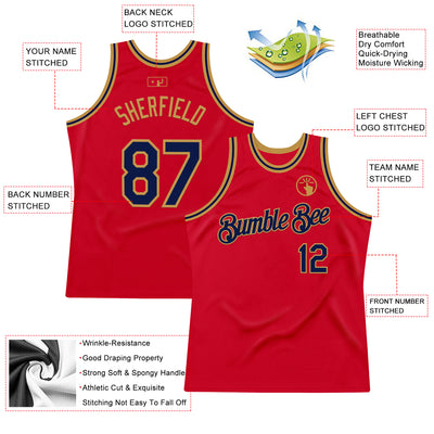 Custom Red Navy-Old Gold Authentic Throwback Basketball Jersey