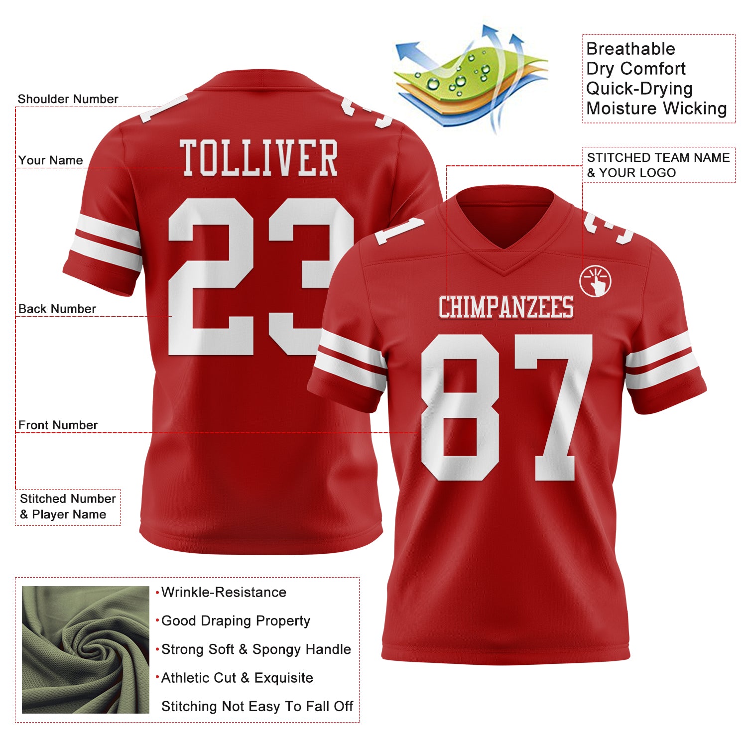 Custom Red White Authentic Football Jersey