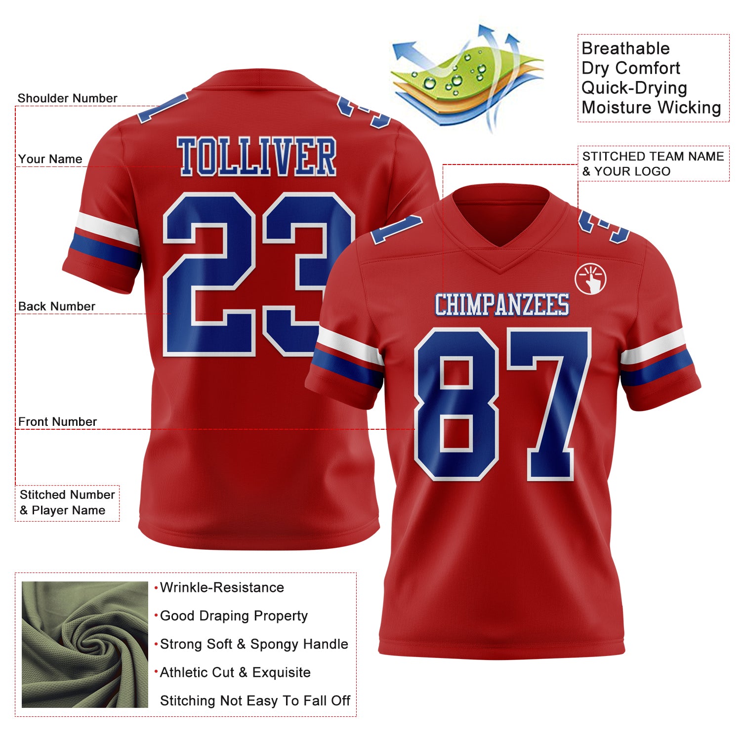 Custom Red Royal-White Authentic Football Jersey