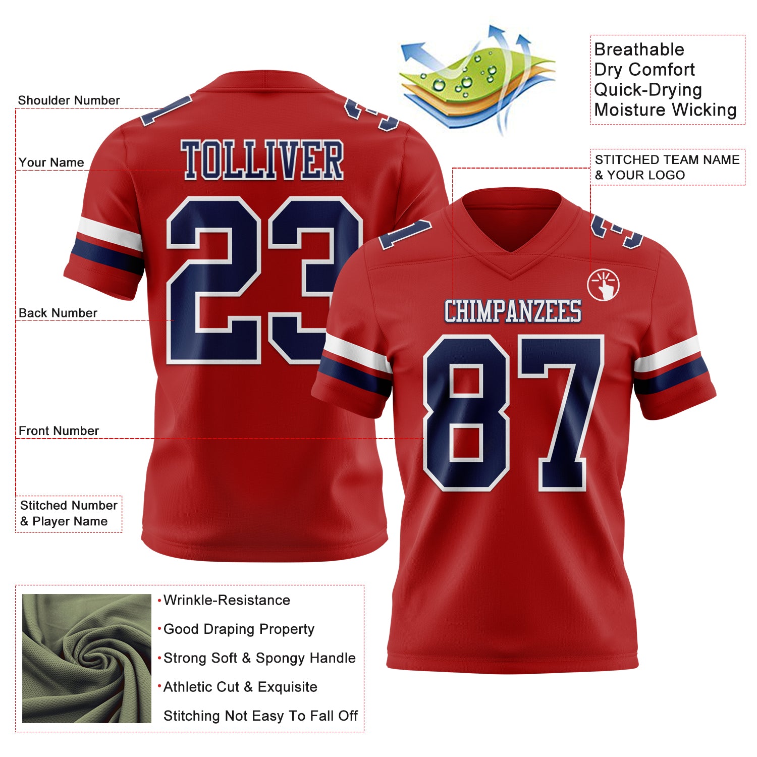 Custom Red Navy-White Authentic Football Jersey