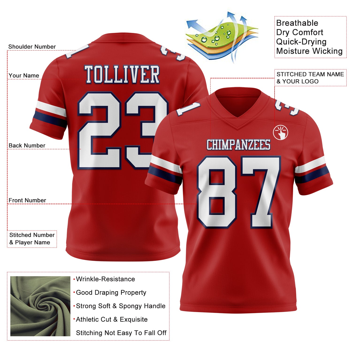 Custom Red White-Navy Authentic Football Jersey