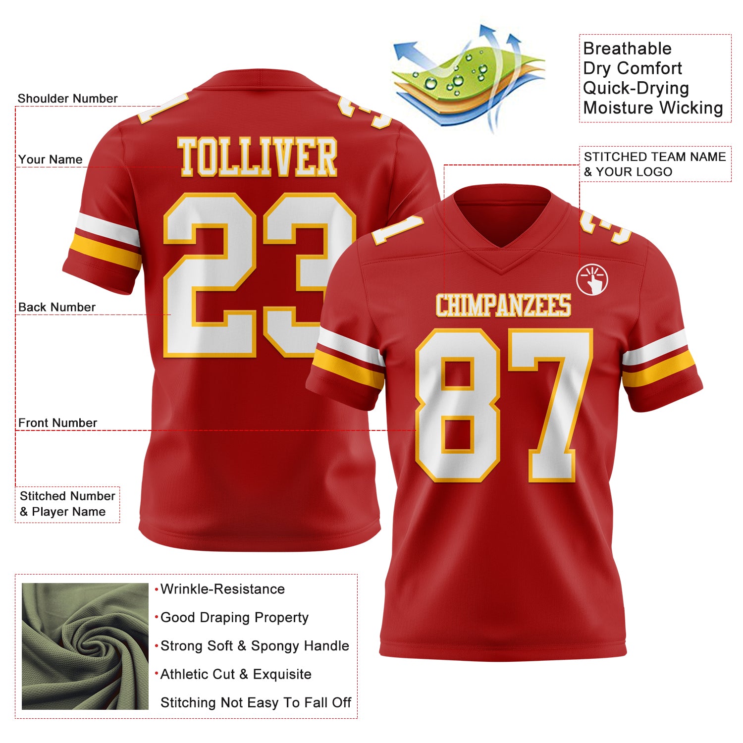 Custom Red White-Gold Authentic Football Jersey