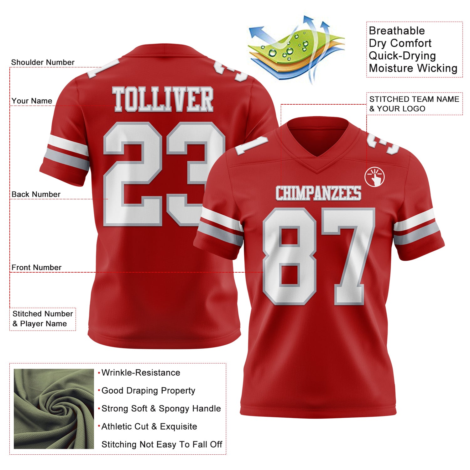 Custom Red White-Gray Authentic Football Jersey