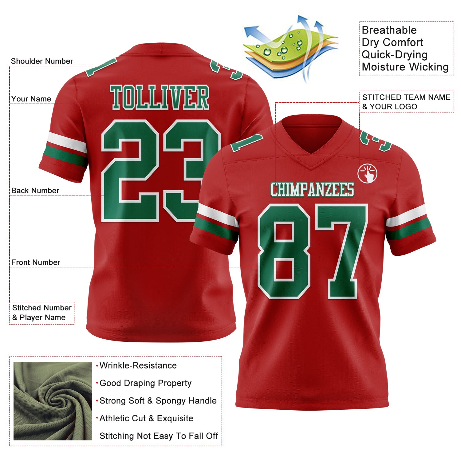 Custom Red Kelly Green-White Authentic Football Jersey