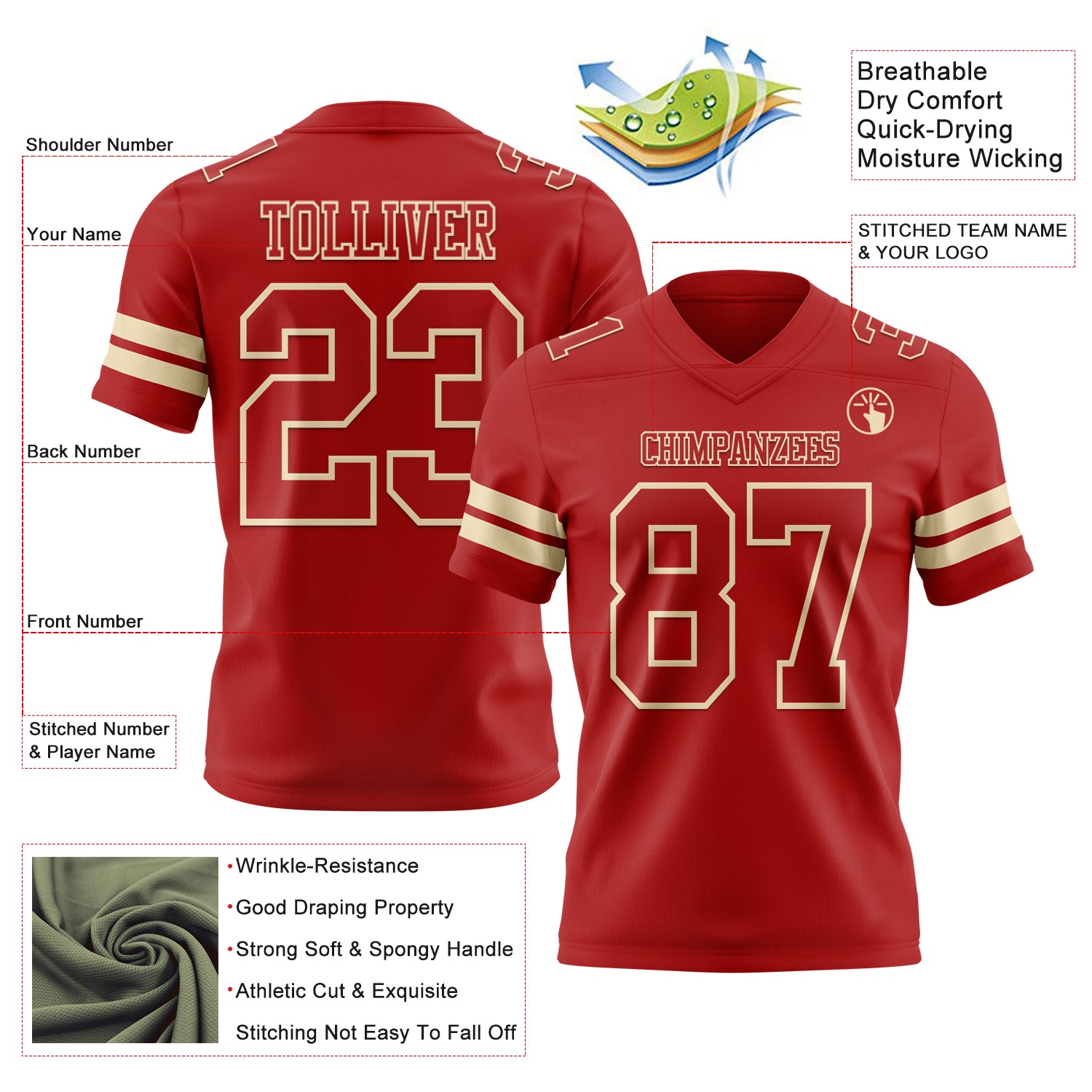 Custom Red Cream Authentic Football Jersey