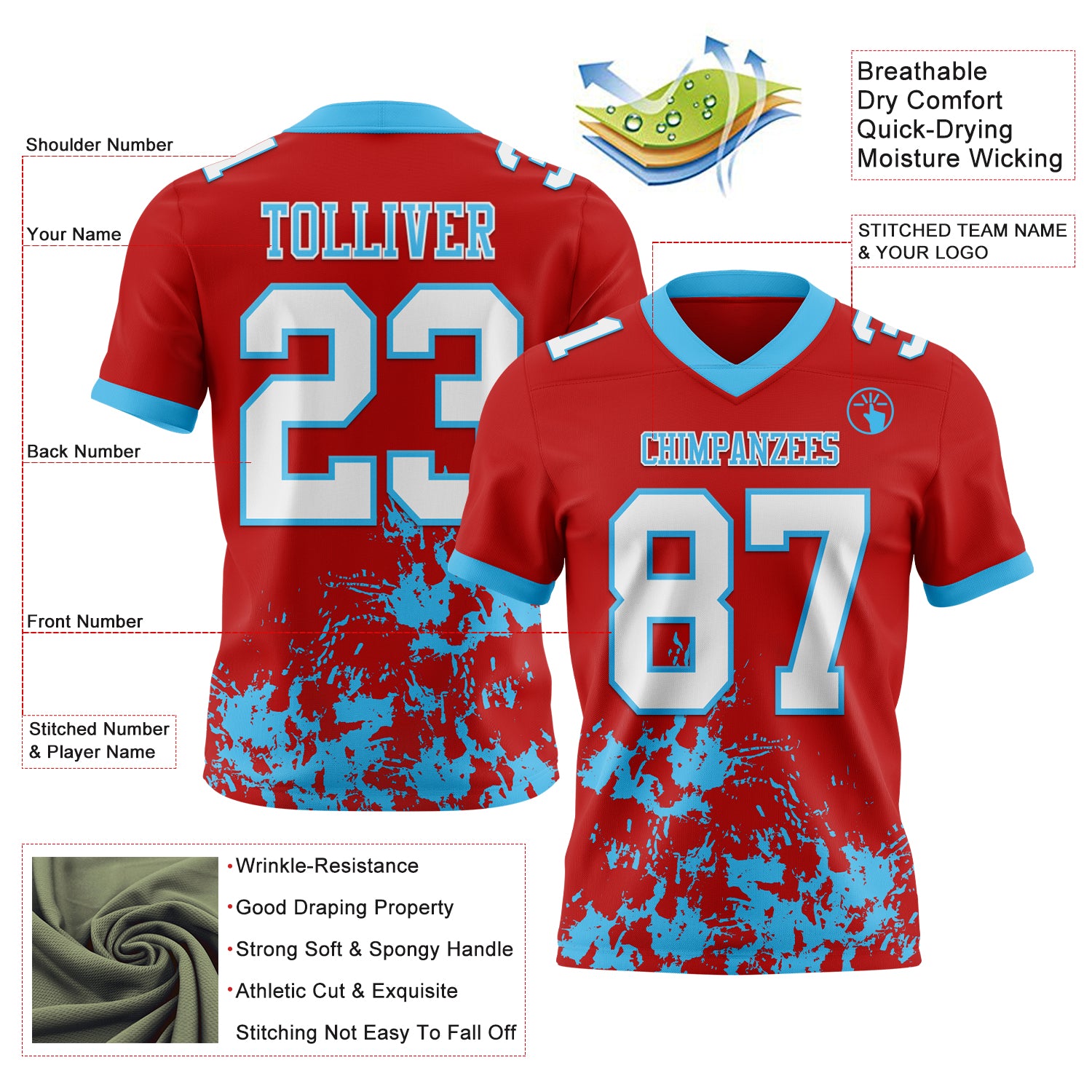Custom Red White-Sky Blue 3D Pattern Splash Authentic Football Jersey