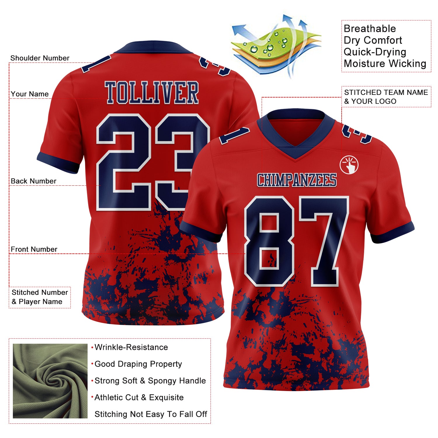 Custom Red Navy-White 3D Pattern Splash Authentic Football Jersey
