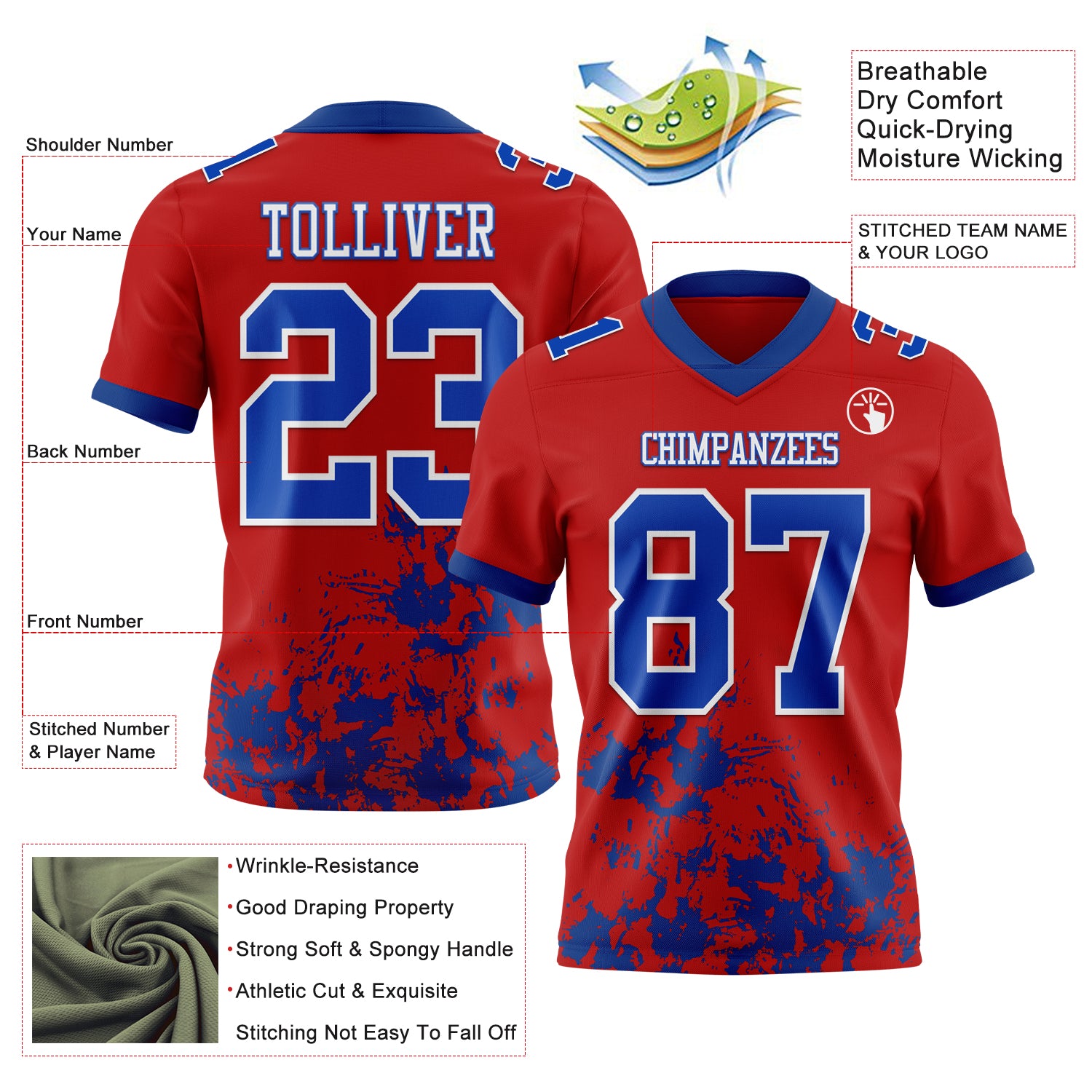 Custom Red Royal-White 3D Pattern Splash Authentic Football Jersey