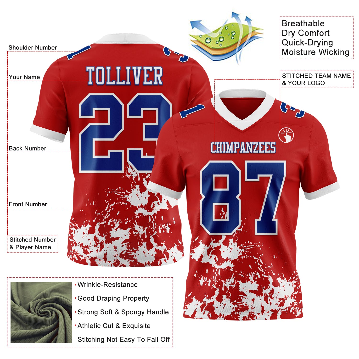 Custom Red Royal-White 3D Pattern Splash Authentic Football Jersey