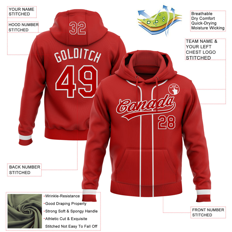 Custom Stitched Red White Baseball Pullover Sweatshirt Hoodie
