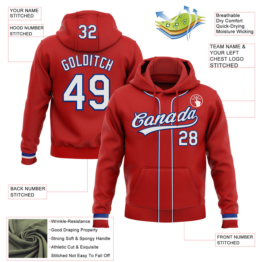 Custom Stitched Red White-Royal Baseball Pullover Sweatshirt Hoodie