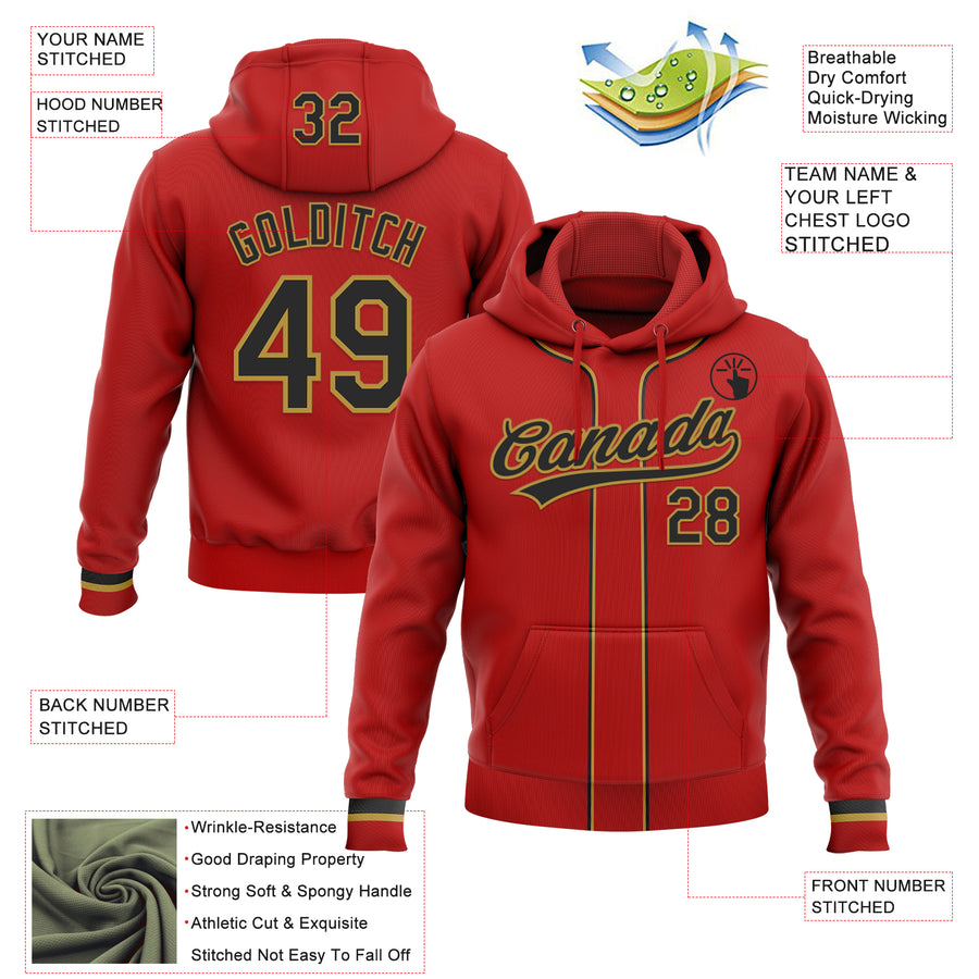 Custom Stitched Red Black-Old Gold Baseball Pullover Sweatshirt Hoodie