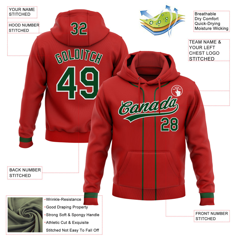 Custom Stitched Red Green-White Baseball Pullover Sweatshirt Hoodie