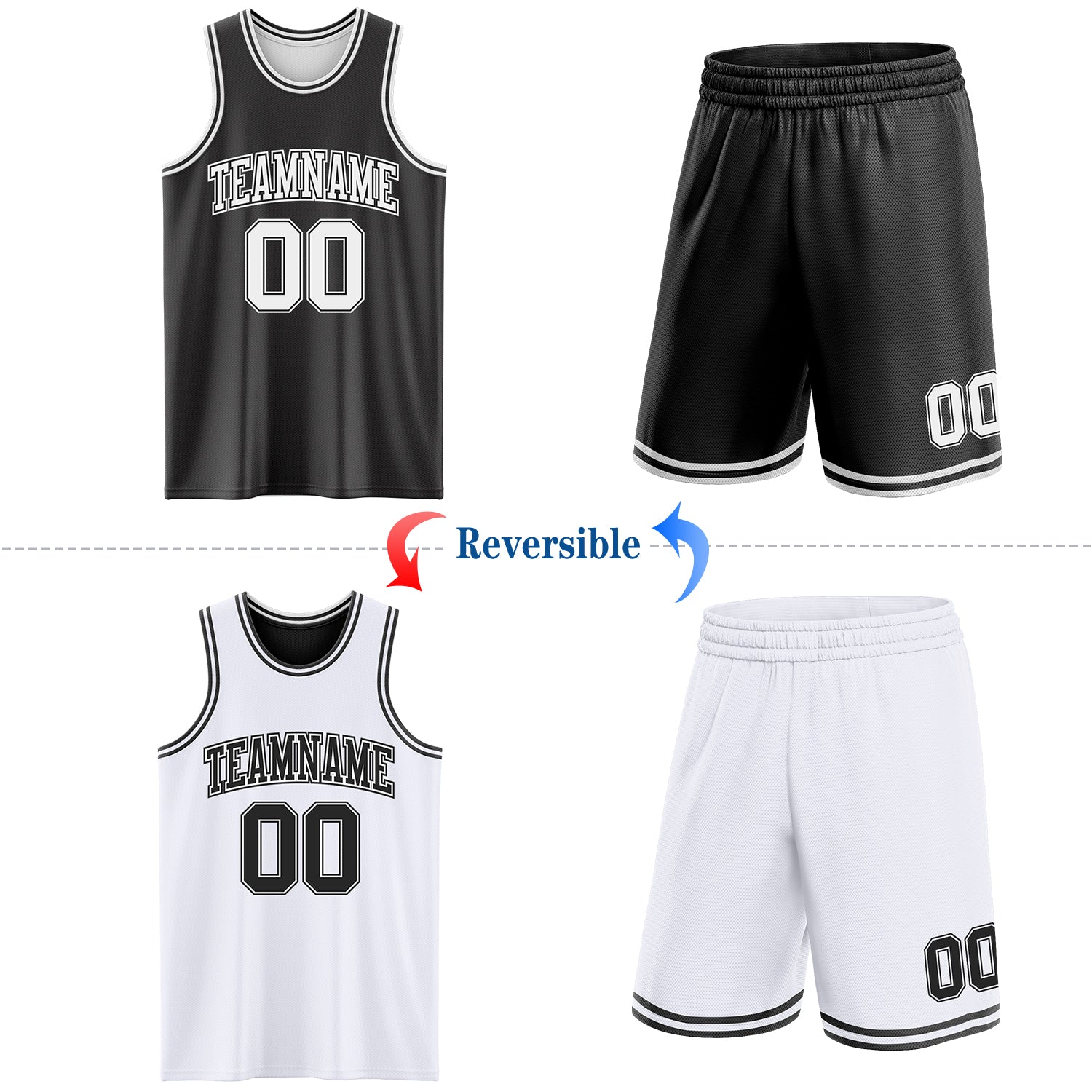 Custom Reversible Black White Double Side Sublimation Basketball Suit Jersey