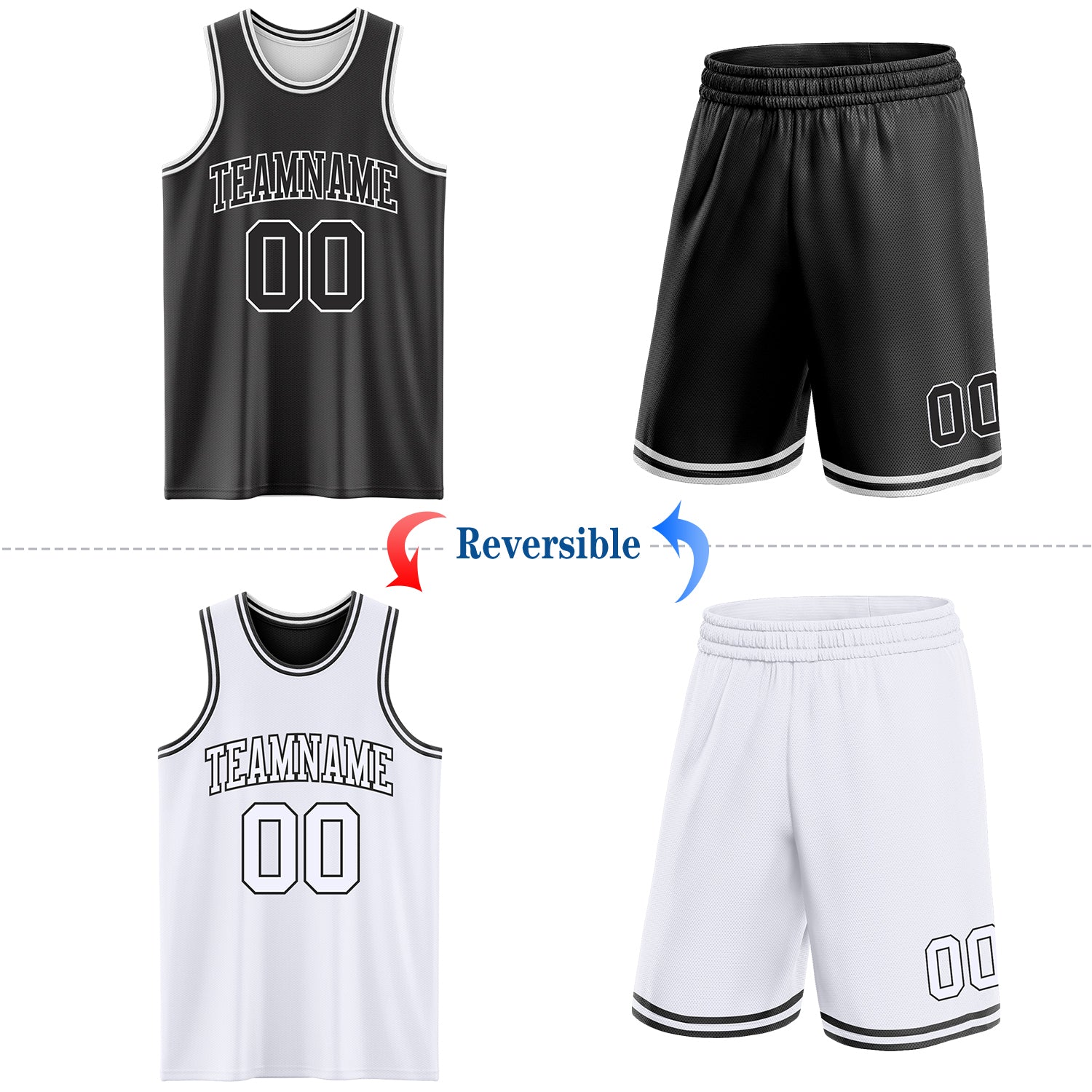 Custom Reversible Black White Double Side Sublimation Basketball Suit Jersey