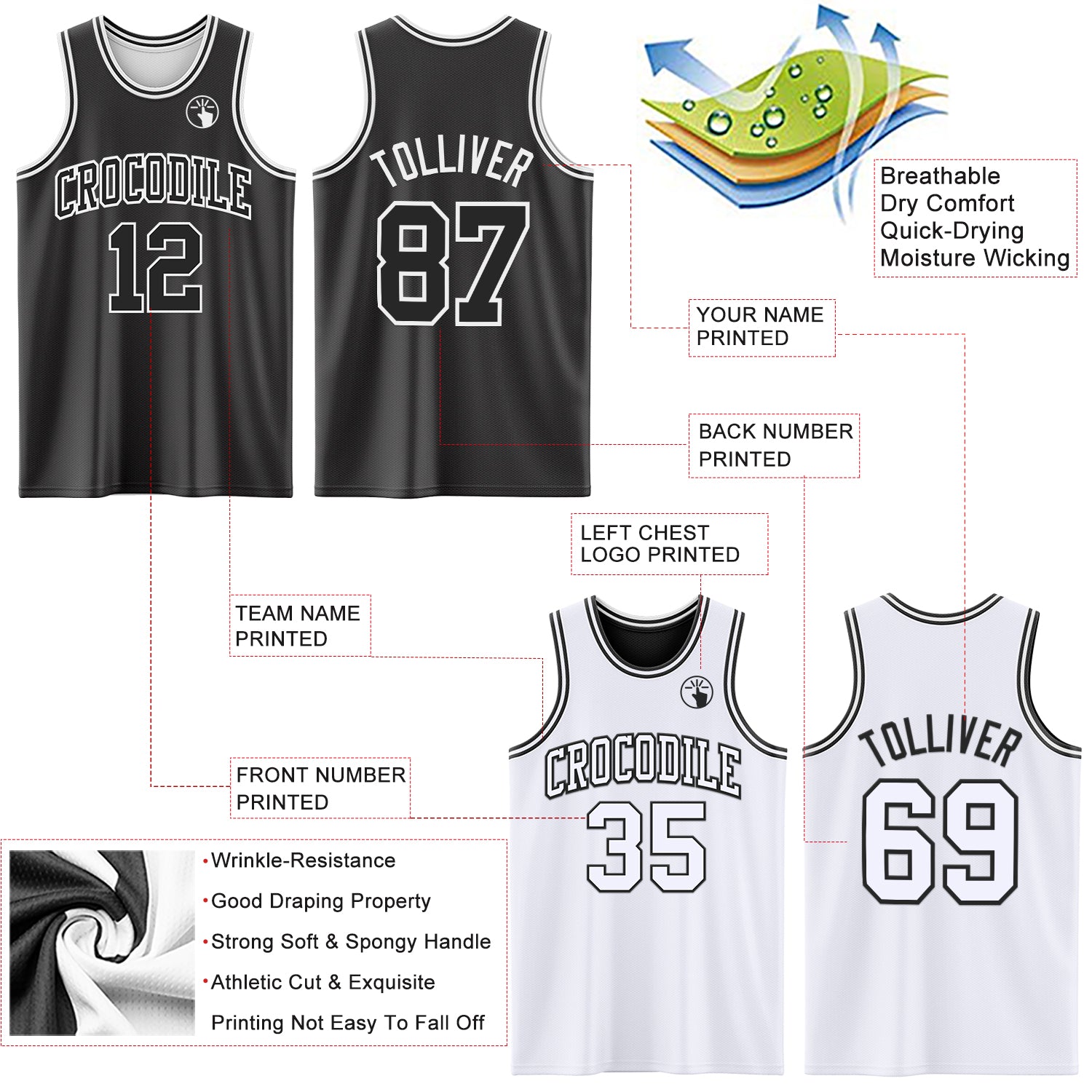 Custom Reversible Black White Double Side Sublimation Basketball Suit Jersey