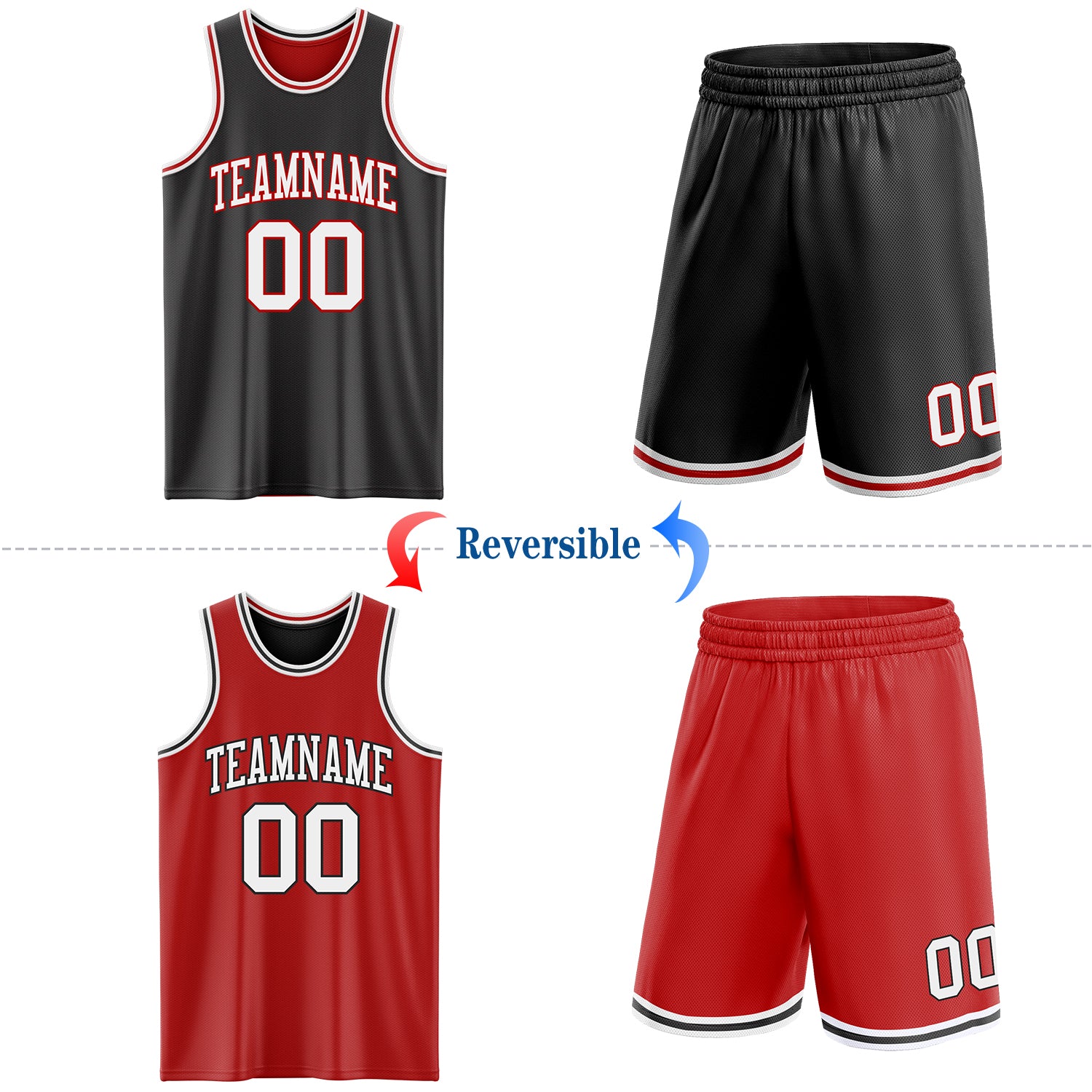 Custom Reversible Black White-Red Double Side Sublimation Basketball Suit Jersey