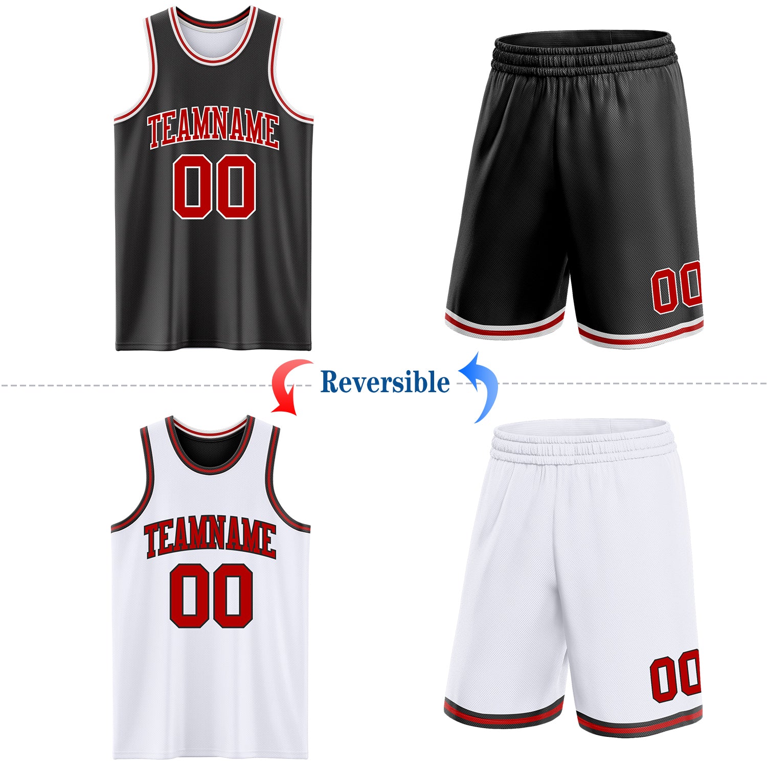 Custom Reversible Black Red-White Double Side Sublimation Basketball Suit Jersey
