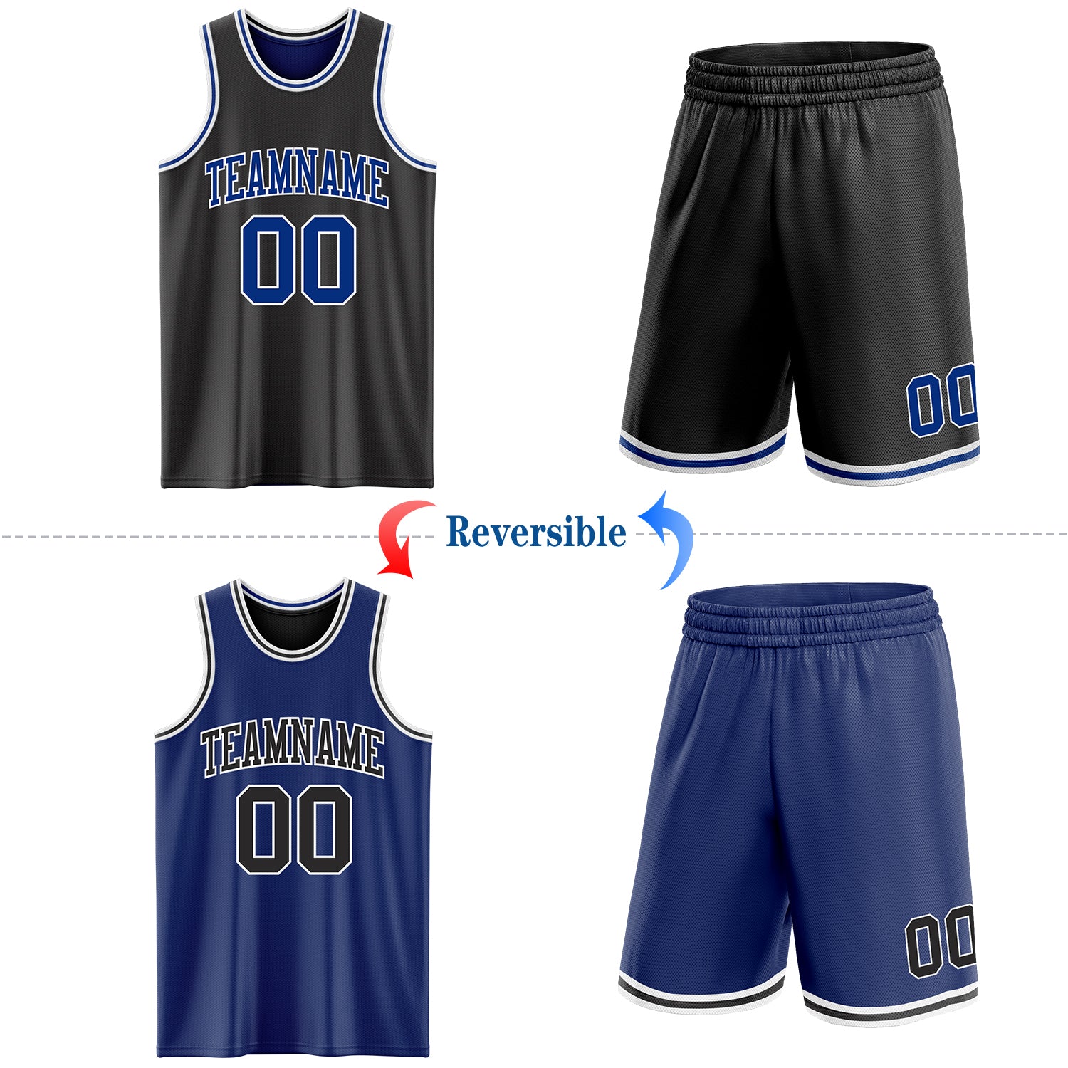 Custom Reversible Black Royal-White Double Side Sublimation Basketball Suit Jersey