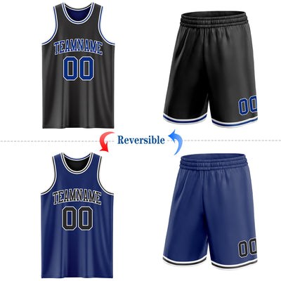 Custom Reversible Black Royal-White Double Side Sublimation Basketball Suit Jersey