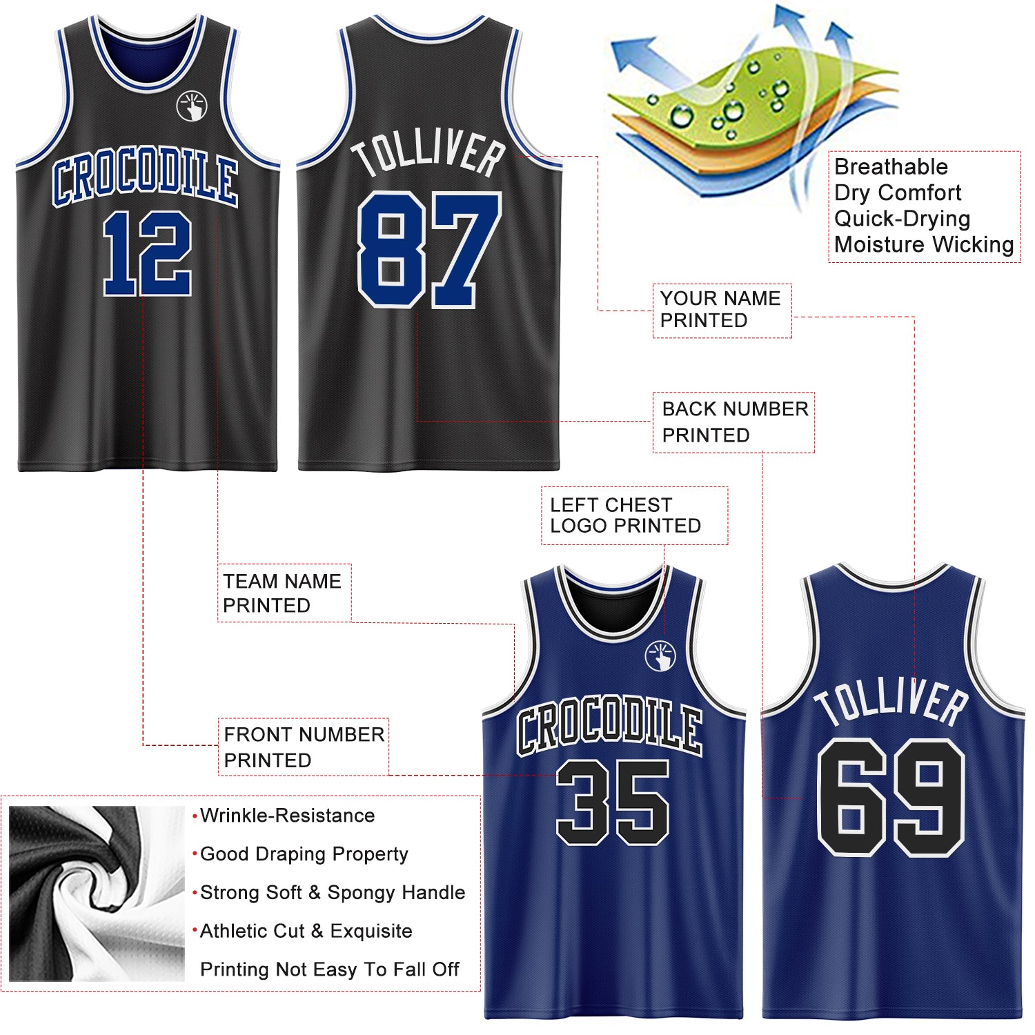 Custom Reversible Black Royal-White Double Side Sublimation Basketball Suit Jersey