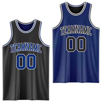 Custom Reversible Black Royal-White Double Side Sublimation Basketball Suit Jersey