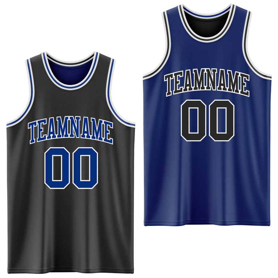 Custom Reversible Black Royal-White Double Side Sublimation Basketball Suit Jersey