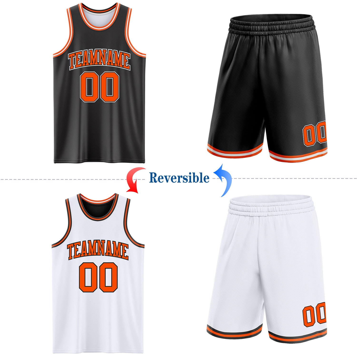 Custom Reversible Black Orange-White Double Side Sublimation Basketball Suit Jersey