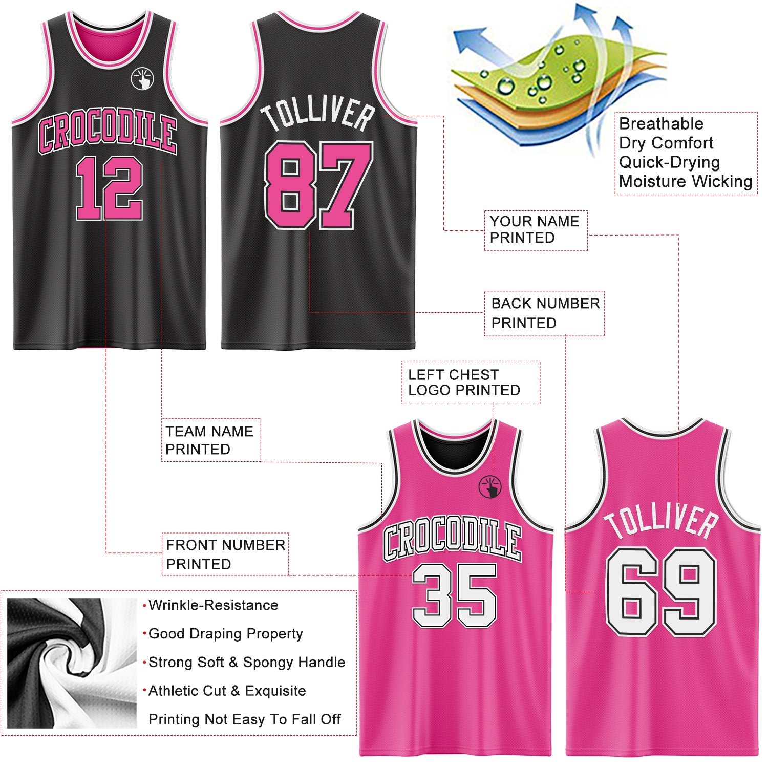 Custom Reversible Black Pink-White Double Side Sublimation Basketball Suit Jersey