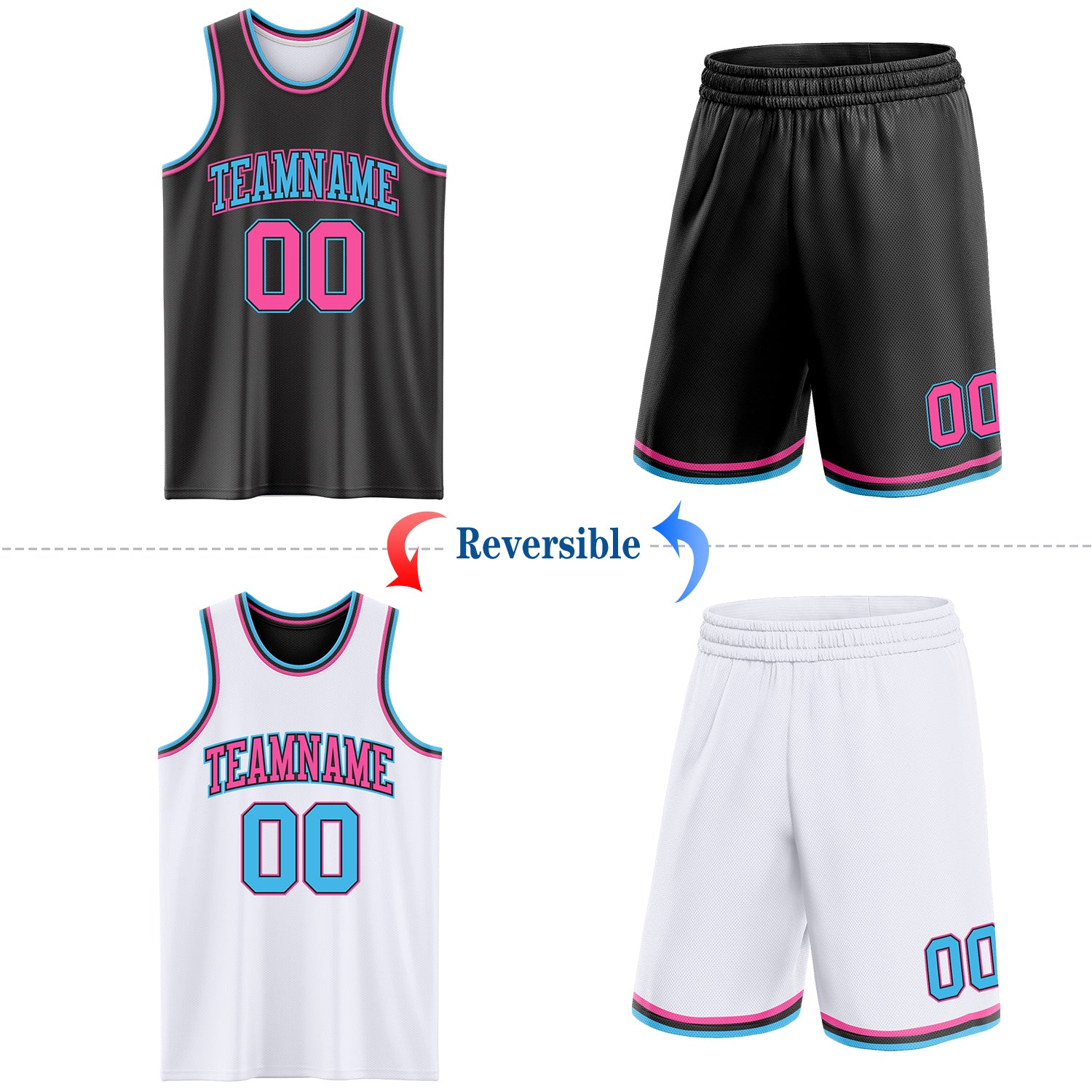 Custom Reversible Black Pink-Sky Blue Double Side Sublimation Basketball Suit Jersey