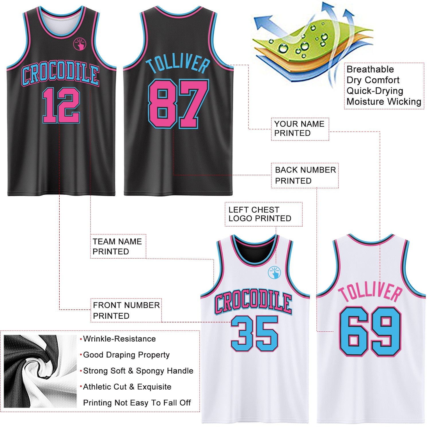Custom Reversible Black Pink-Sky Blue Double Side Sublimation Basketball Suit Jersey