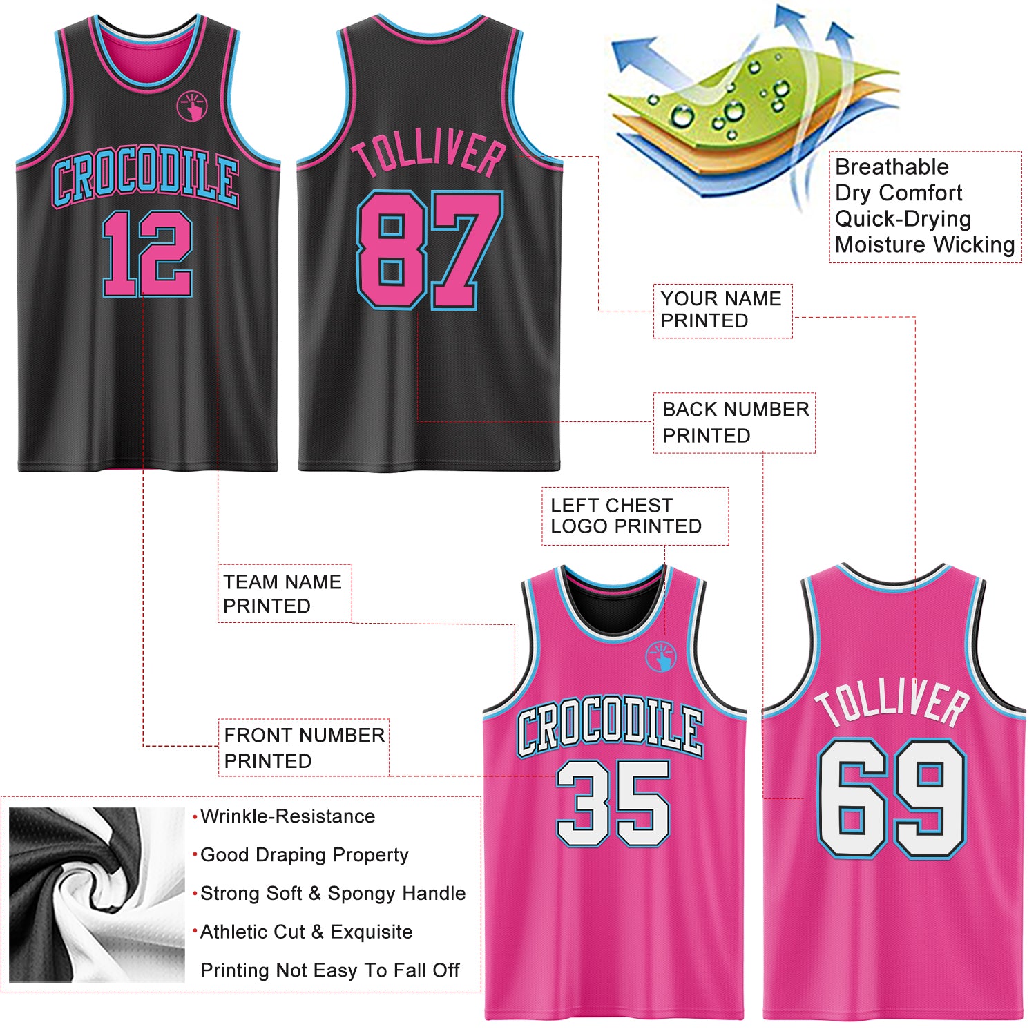 Custom Reversible Black Pink-Sky Blue Double Side Sublimation Basketball Suit Jersey