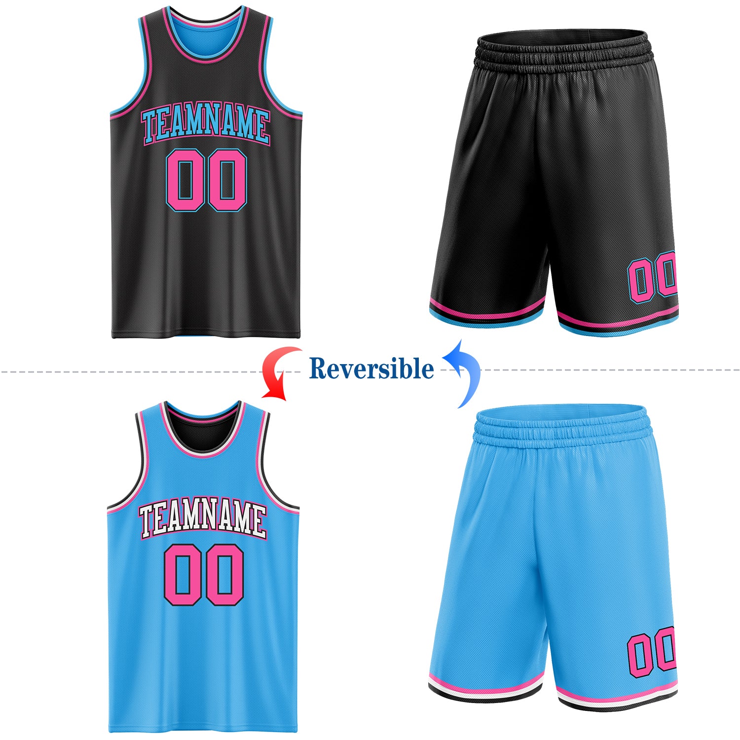 Custom Reversible Black Pink-Sky Blue Double Side Sublimation Basketball Suit Jersey