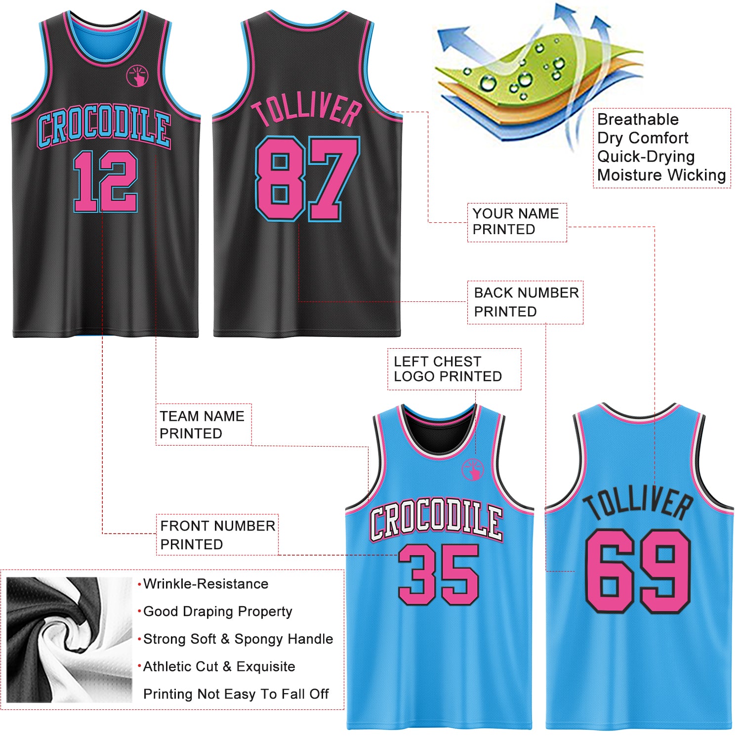 Custom Reversible Black Pink-Sky Blue Double Side Sublimation Basketball Suit Jersey