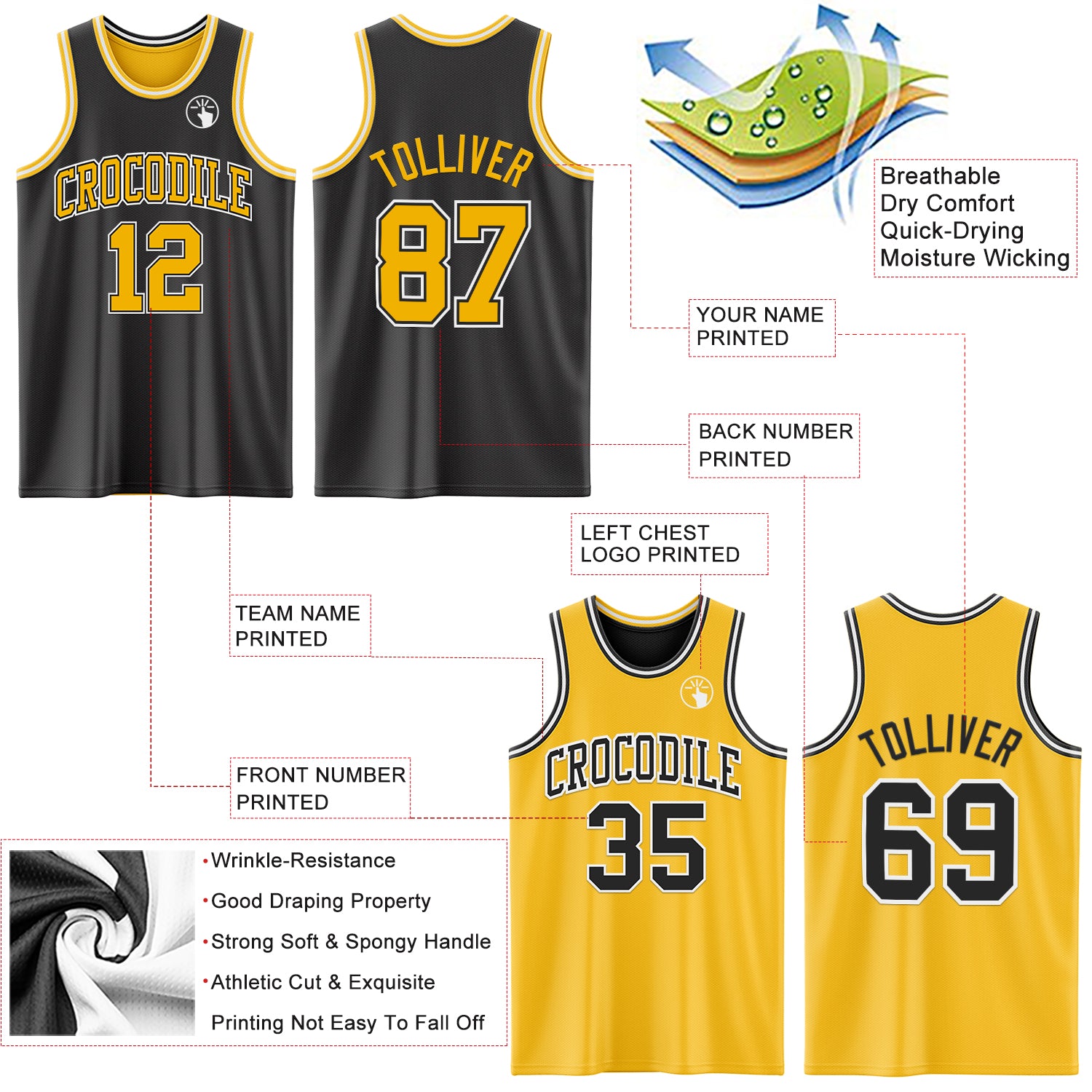 Custom Reversible Black Gold-White Double Side Sublimation Basketball Suit Jersey