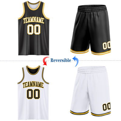 Custom Reversible Black White-Gold Double Side Sublimation Basketball Suit Jersey