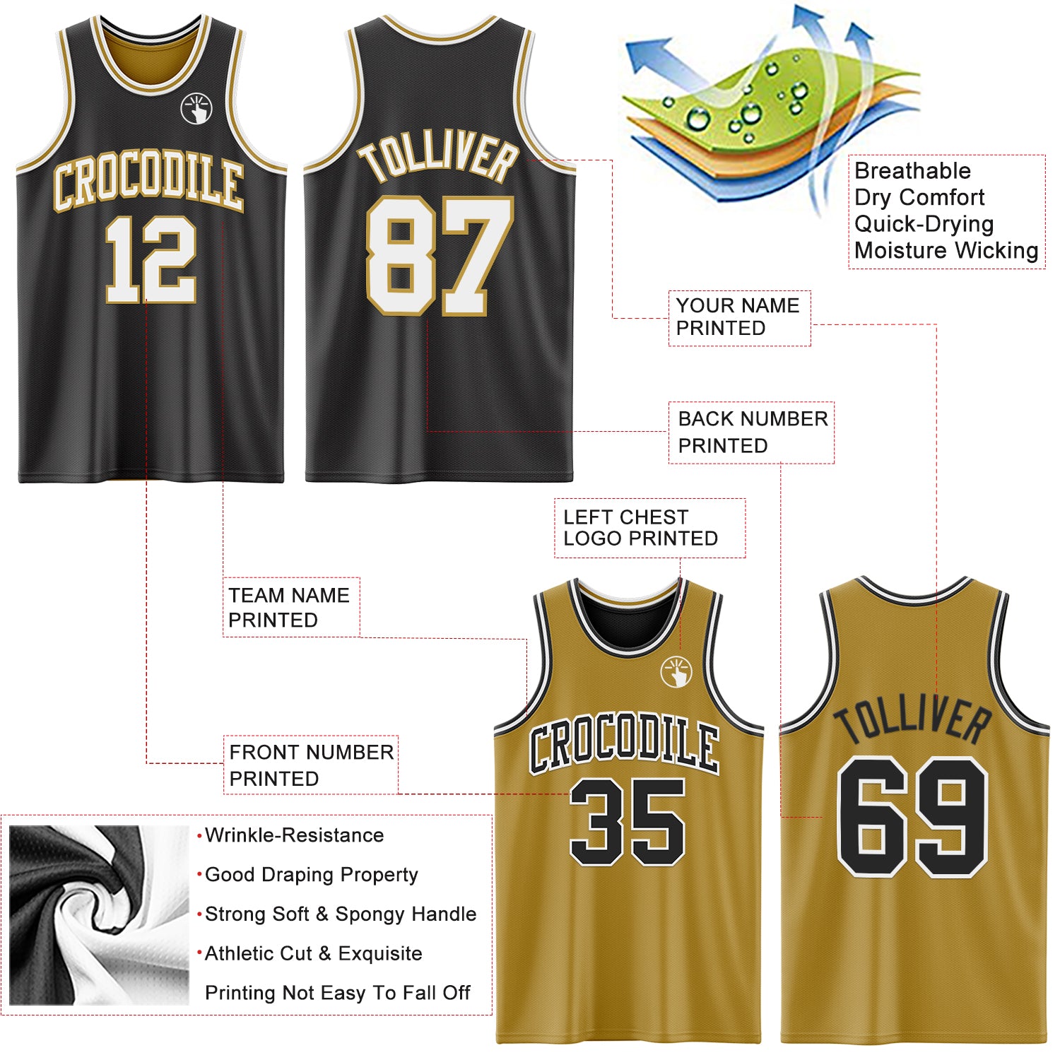 Custom Reversible Black White-Old Gold Double Side Sublimation Basketball Suit Jersey