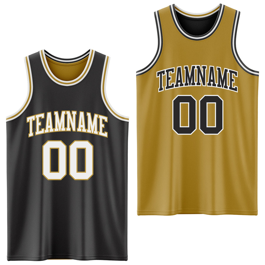 Custom Reversible Black White-Old Gold Double Side Sublimation Basketball Suit Jersey