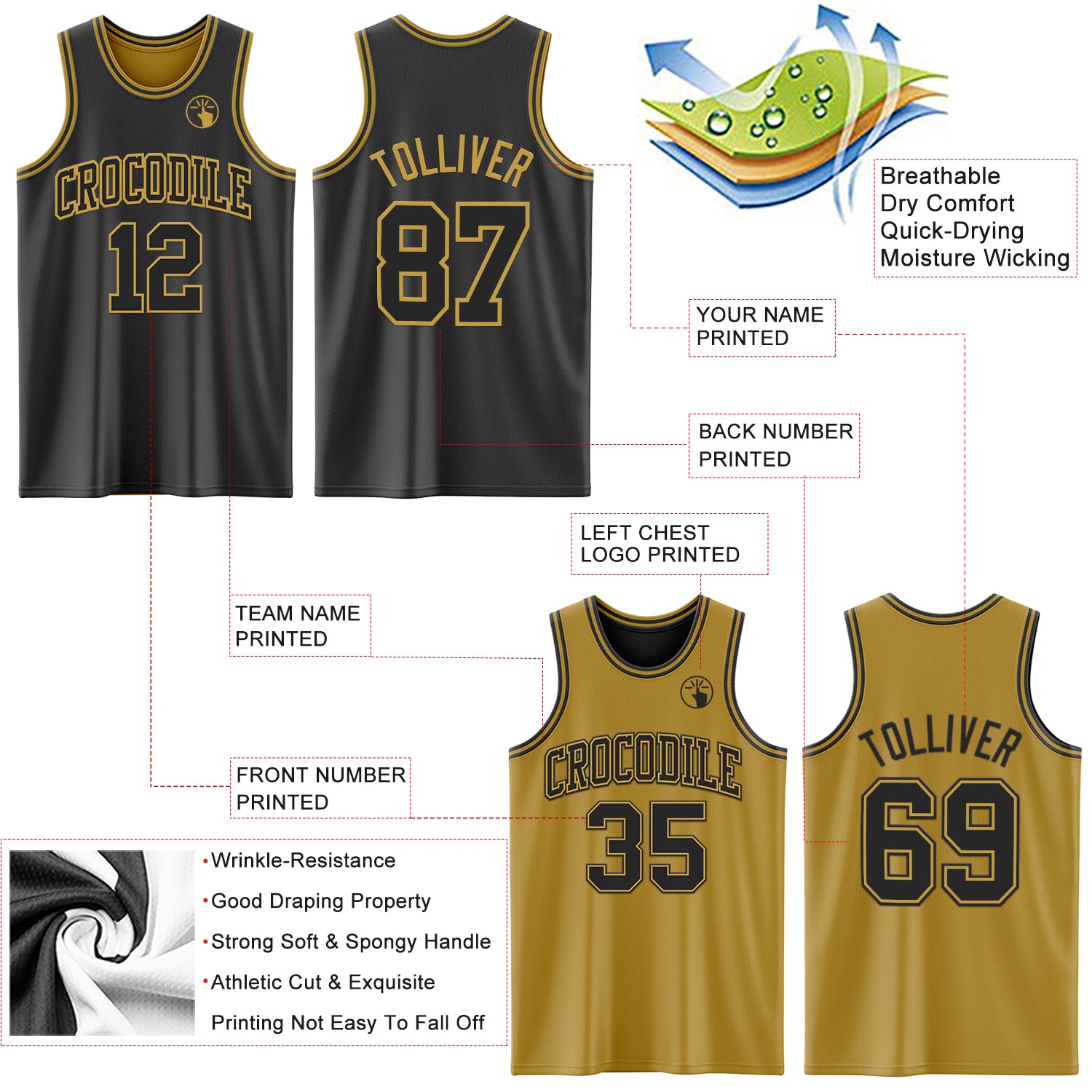 Custom Reversible Black Old Gold Double Side Sublimation Basketball Suit Jersey