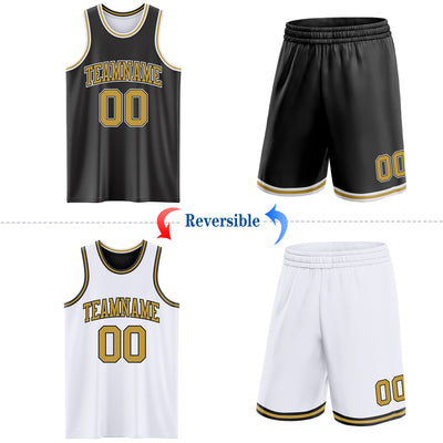 Custom Reversible Black Old Gold-White Double Side Sublimation Basketball Suit Jersey