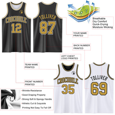 Custom Reversible Black Old Gold-White Double Side Sublimation Basketball Suit Jersey